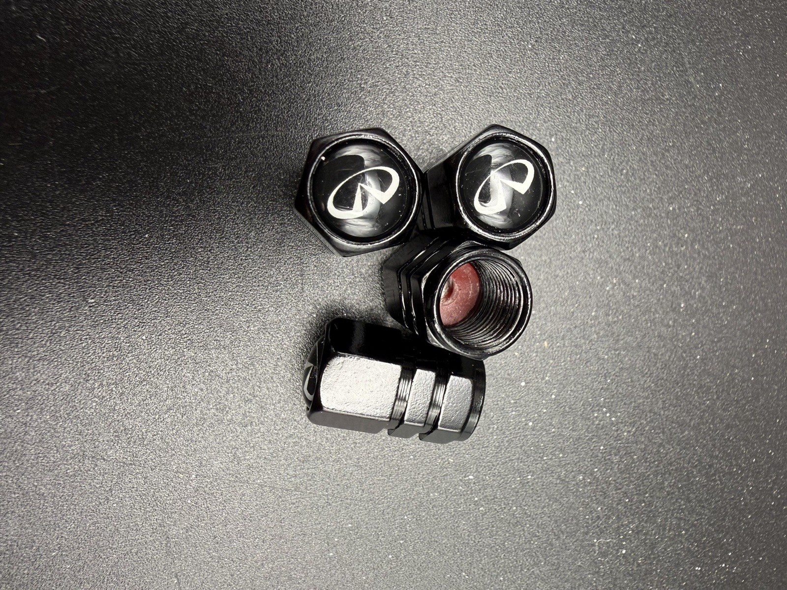 Leather Car Keychain Comparable For Infinity & 4pcs Valve Stem Covers Black NWT
