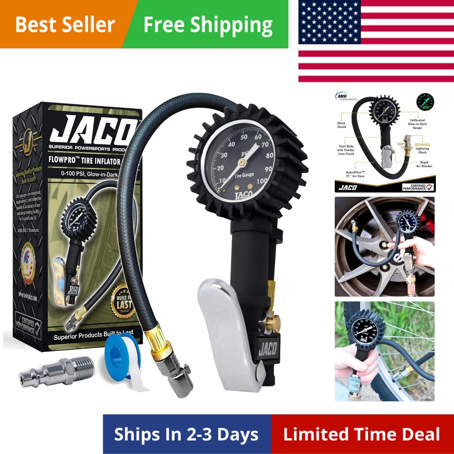 JACO FlowPro Tire Inflator with Pressure Gauge - 100 PSI
