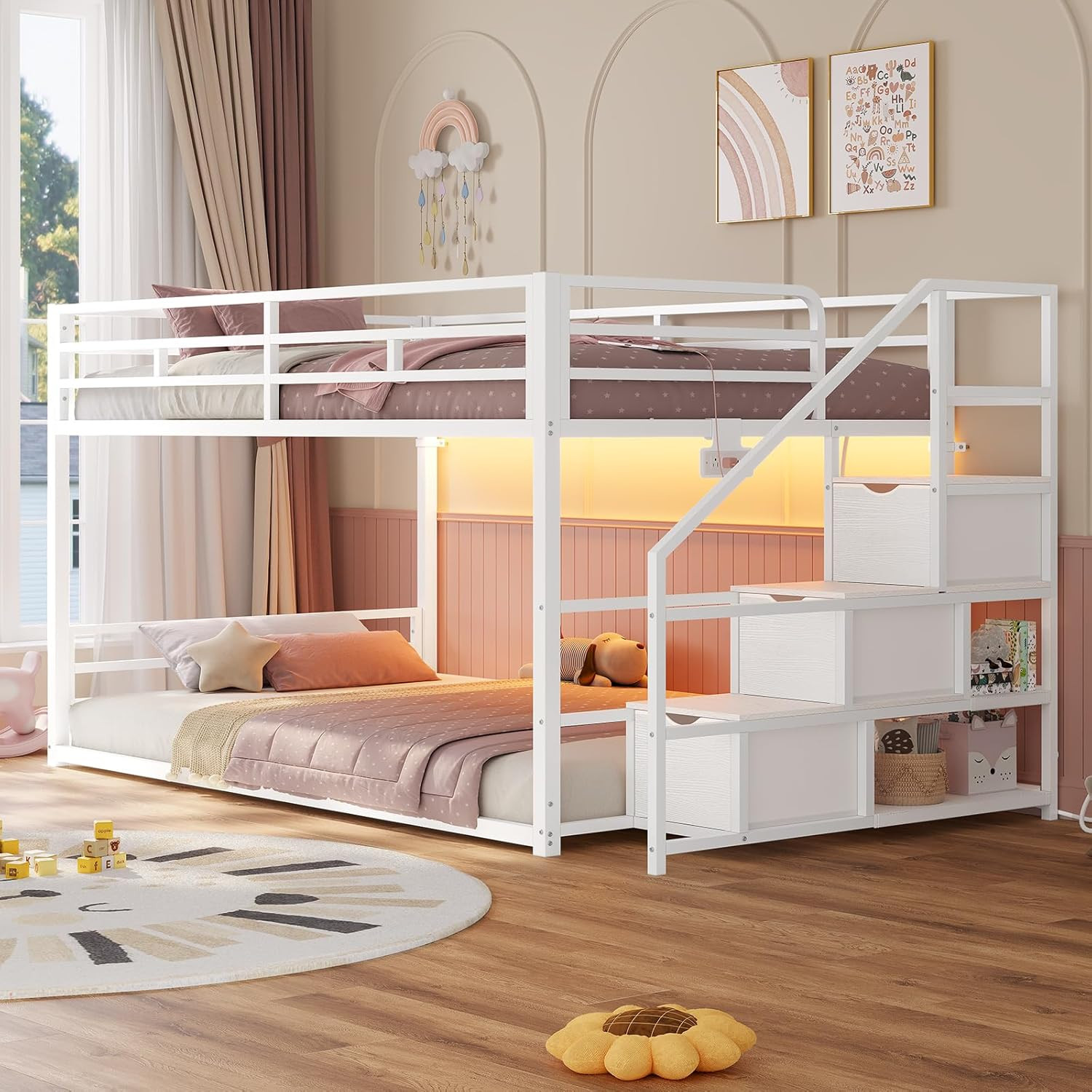 ADORNEVE Low Bunk Bed Twin over Twin with Stairs, Storage Drawers & Shelves, RGB