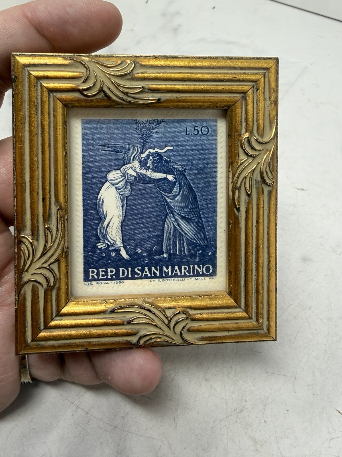 Framed Vintage San Marino Stamp Art 1958 Lira Mini Gilt Frame 3x3