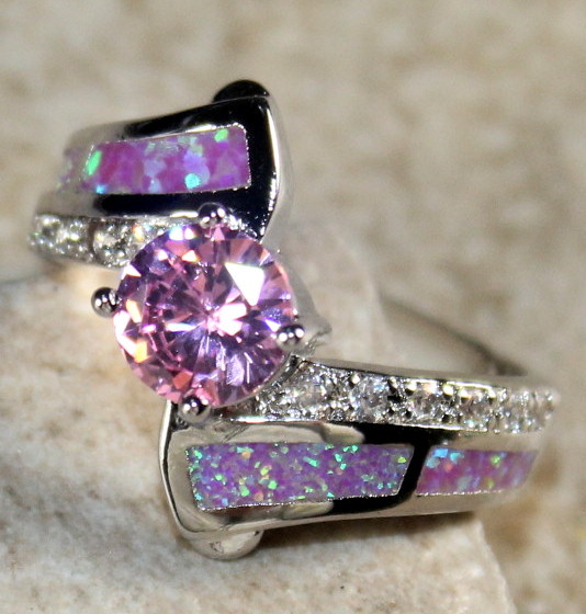 SILVER Elegant Pink Fire Opal & Pink Kunzite Ring Size 8 WR40903
