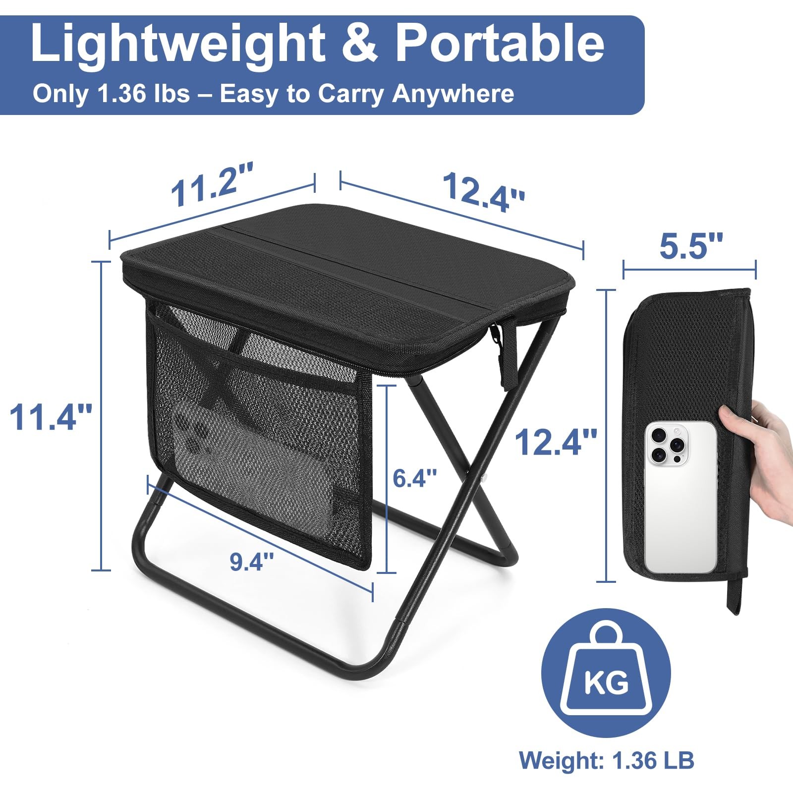 Portable Folding Camp Stool with Side Pocket, Lightweight Foldable Camping St...