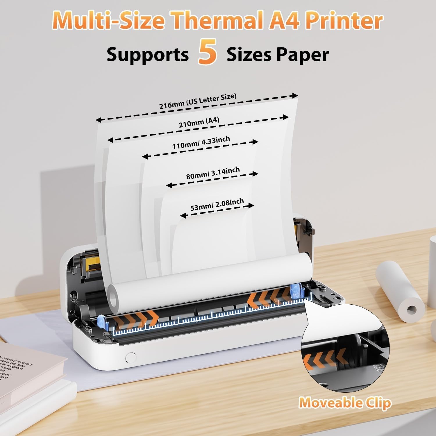 Portable Wireless Bluetooth Thermal Printer, 300DPI Inkless Travel Printer