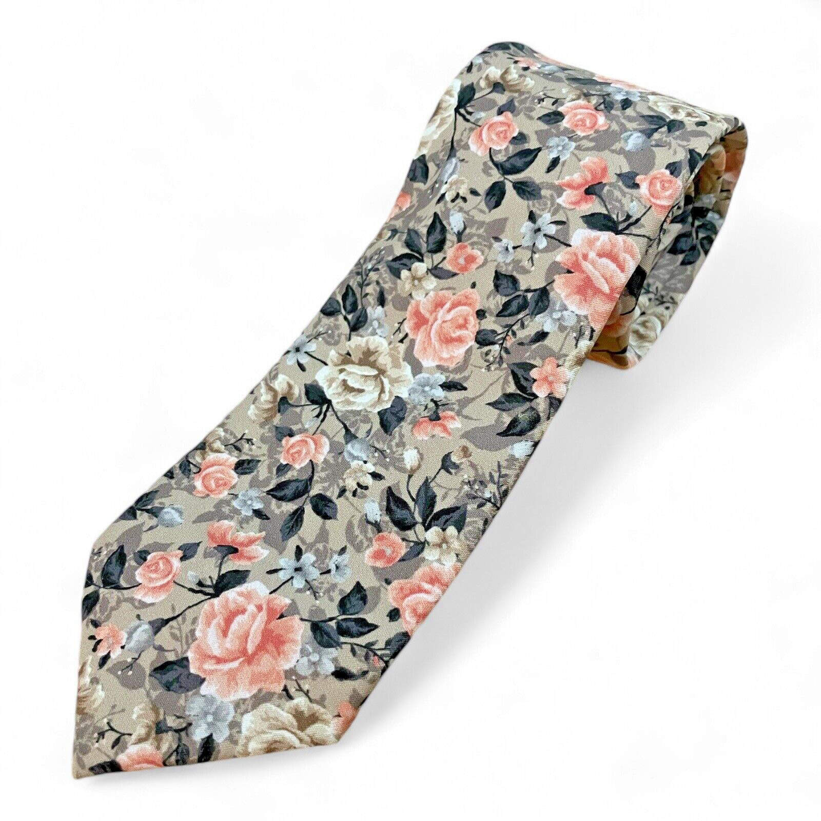 NEW Men's TIE BAR Necktie Gardenia Blooms Champagne All Cotton Tie 58" L 3" W