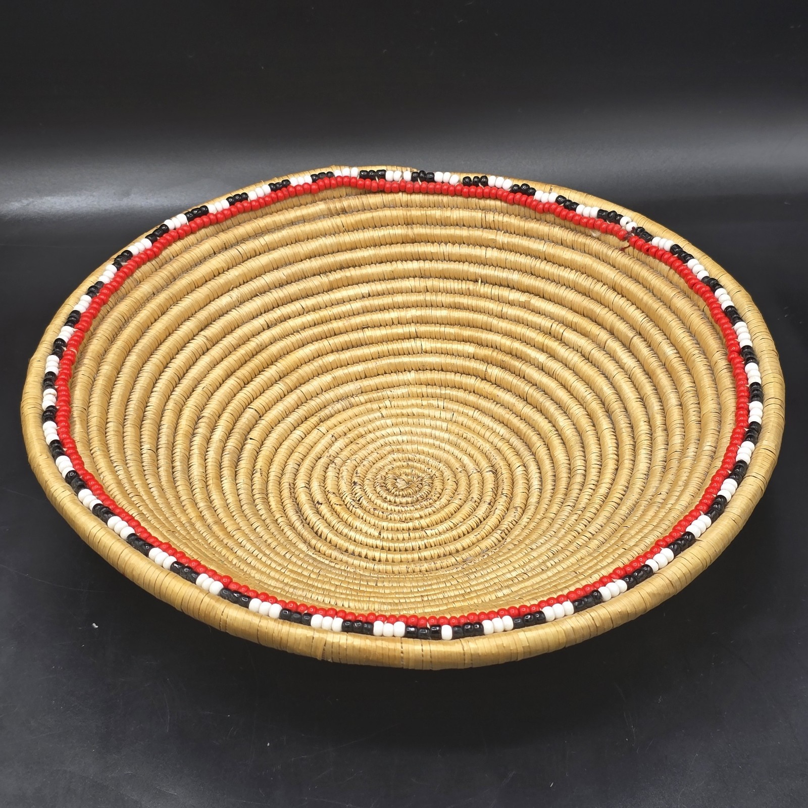 Handwoven Coil Basket with Red White Black Beaded Rim 10.5” Rustic Boho Decor