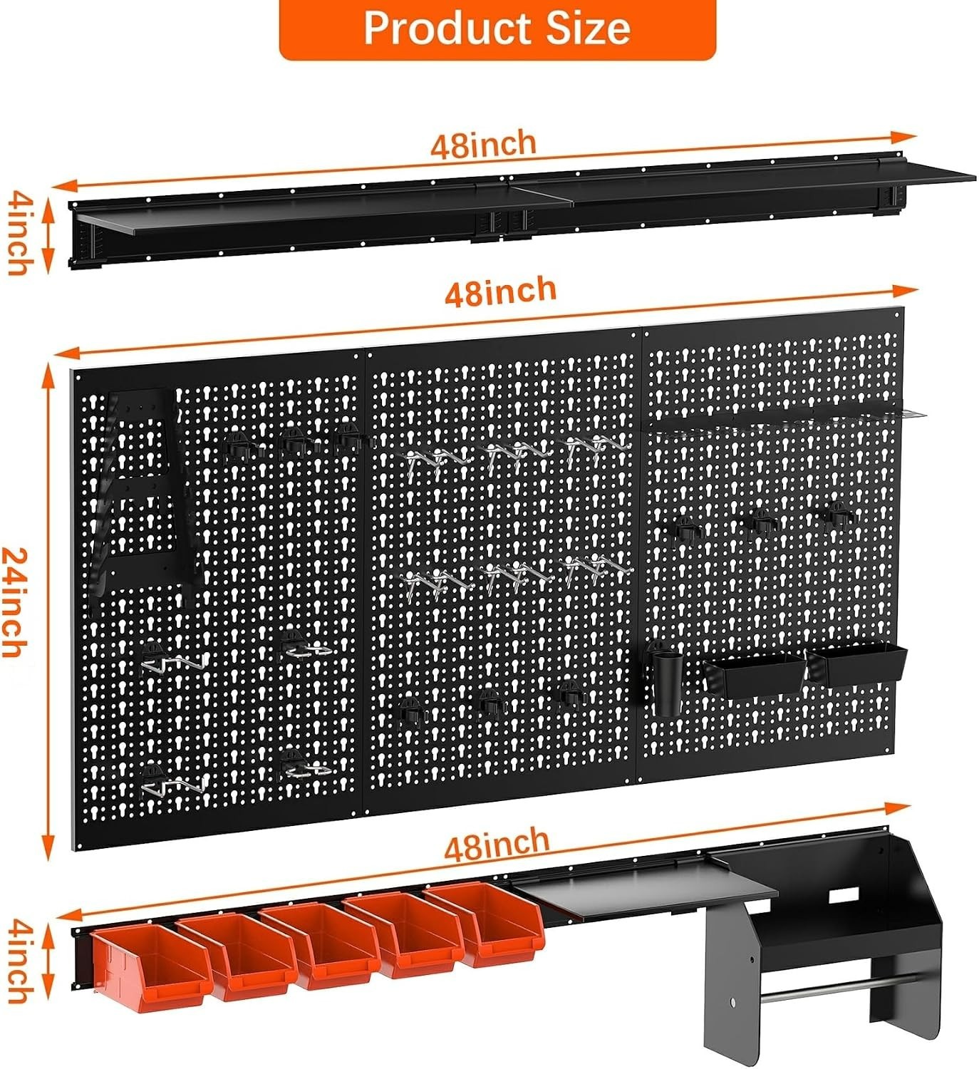 TORACK Metal Pegboard Wall Organizer 4ft Wide, Tool Storage Pegboard System