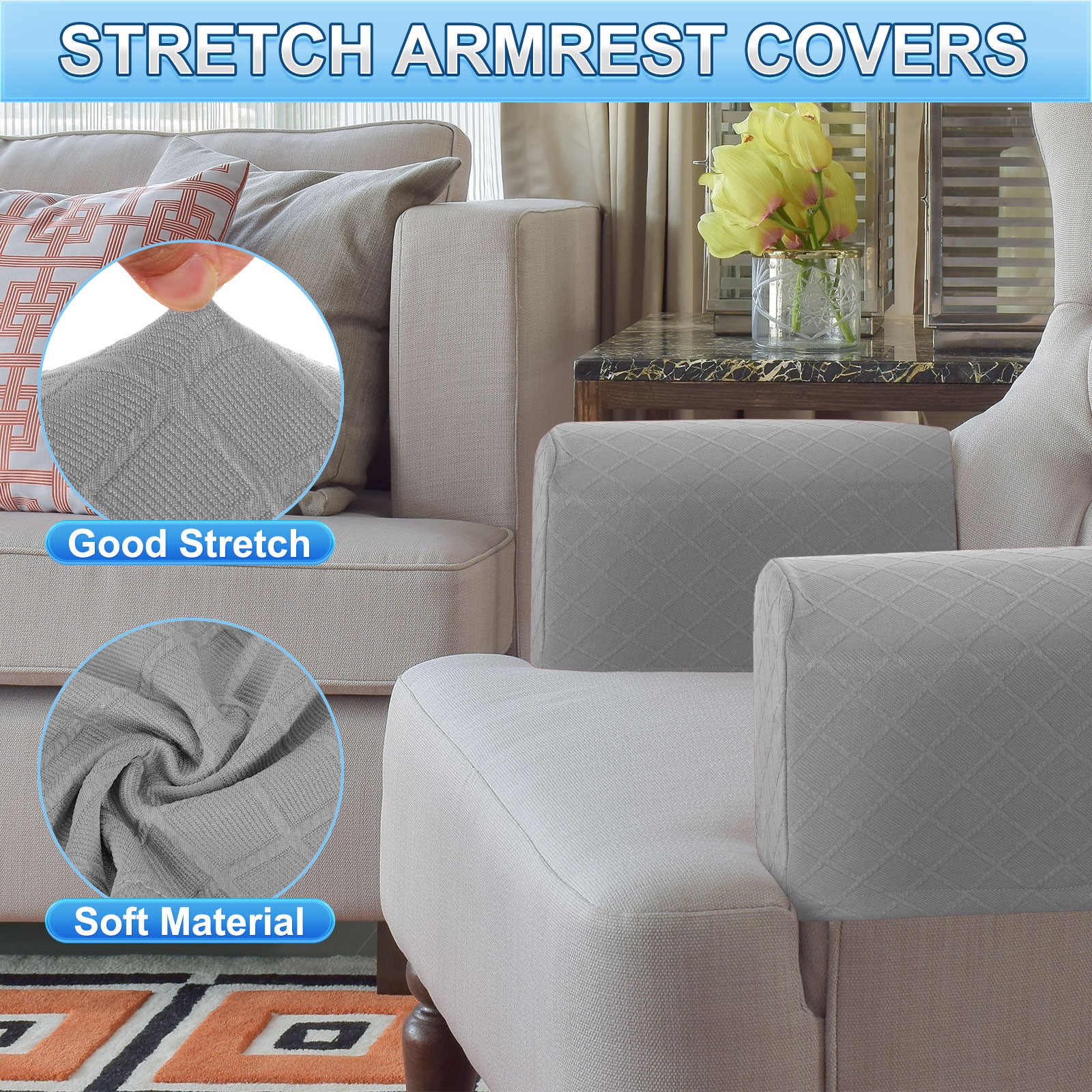 2Pcs Stretch Armrest Covers, Diamond Pattern Armchair Slipcovers, Light Grey