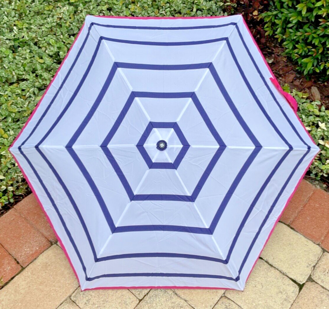 SAMSONITE UMBRELLA & CASE  AUTO OPEN AND CLOSE BLUE PINK WHITE  STRIPE NWT