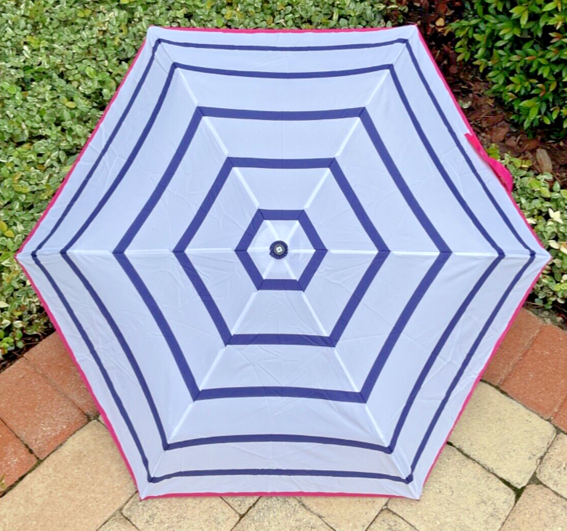 SAMSONITE UMBRELLA & CASE AUTO OPEN AND CLOSE BLUE PINK WHITE STRIPE NWT