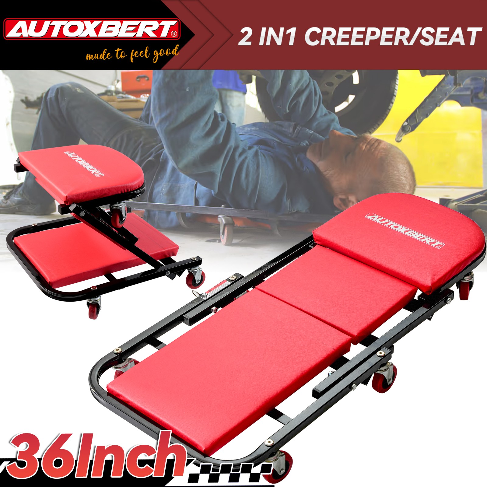Auto Foldable Car Creeper 36 Inches 2-in-1 Rolling Seat Stool Under Repair Tool