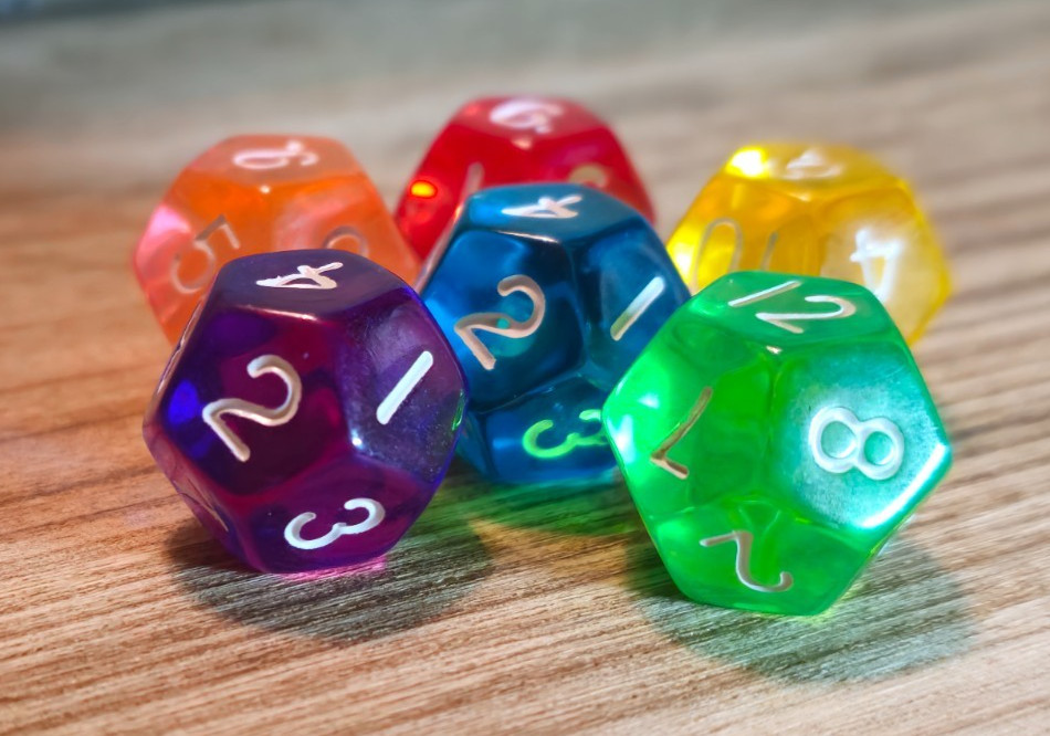 Chessex Assortment of 6 D12 Dice (Red, Blue, Green, Yellow, Purple, Orange