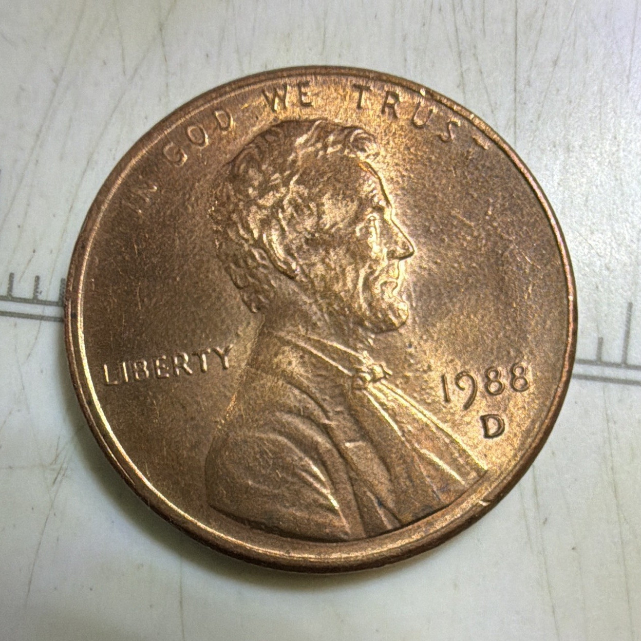 1988-D 1C RD Lincoln Memorial Cent Copper KM#201 Denver Business Strike Wide AM