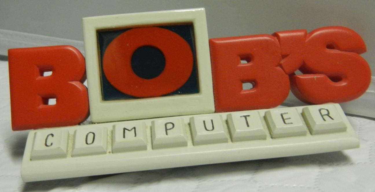 Vintage Bob's Computer Monitor Shelf Sitter Decoration Retro Red Block Lettering