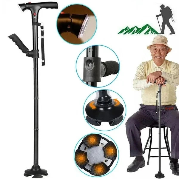 Adjustable Height Cane With LED Light Alert Button Walking Stick - Free Ship US