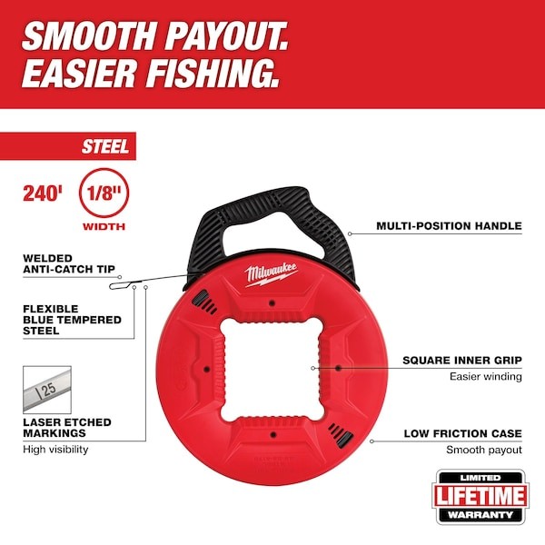48-22-4178 240 ft. x 1/8 in Steel Fish Tape with Low Friction Case For Milwaukee