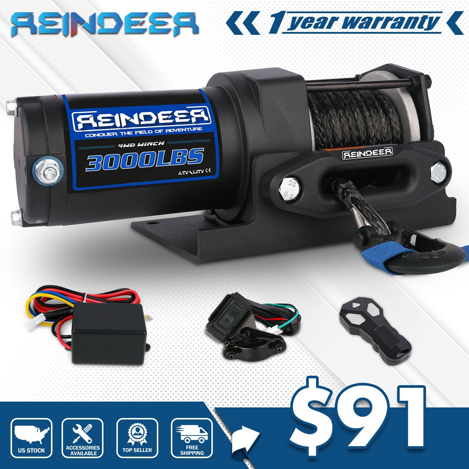 REINDEER Electric Winch 3000lbs ATV Winch 12V Synthetic Rope Trailer Towing UTV