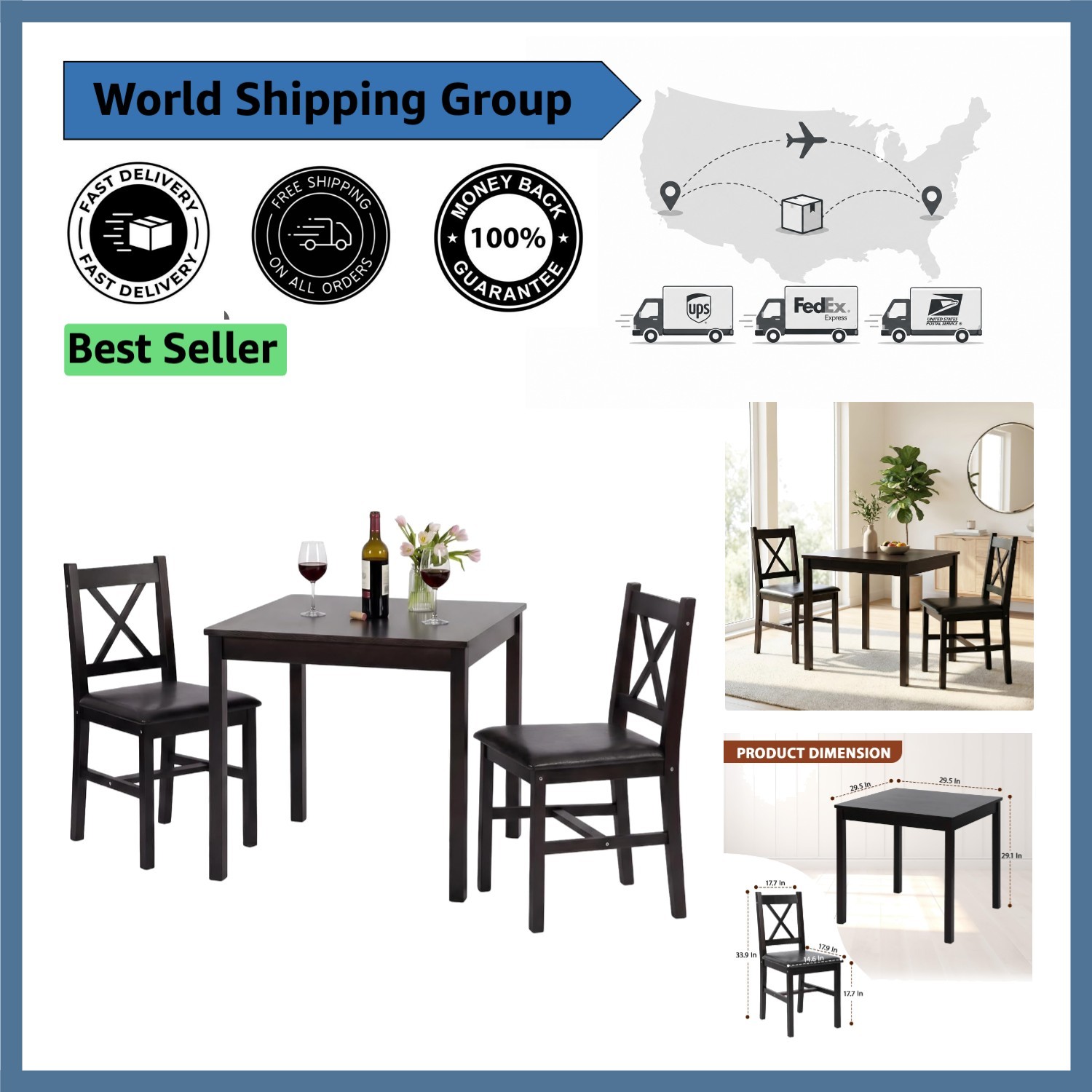 Elegant 3-Piece Dining Set for 2 - Solid Wood Kitchen Table & Upholstered Chairs