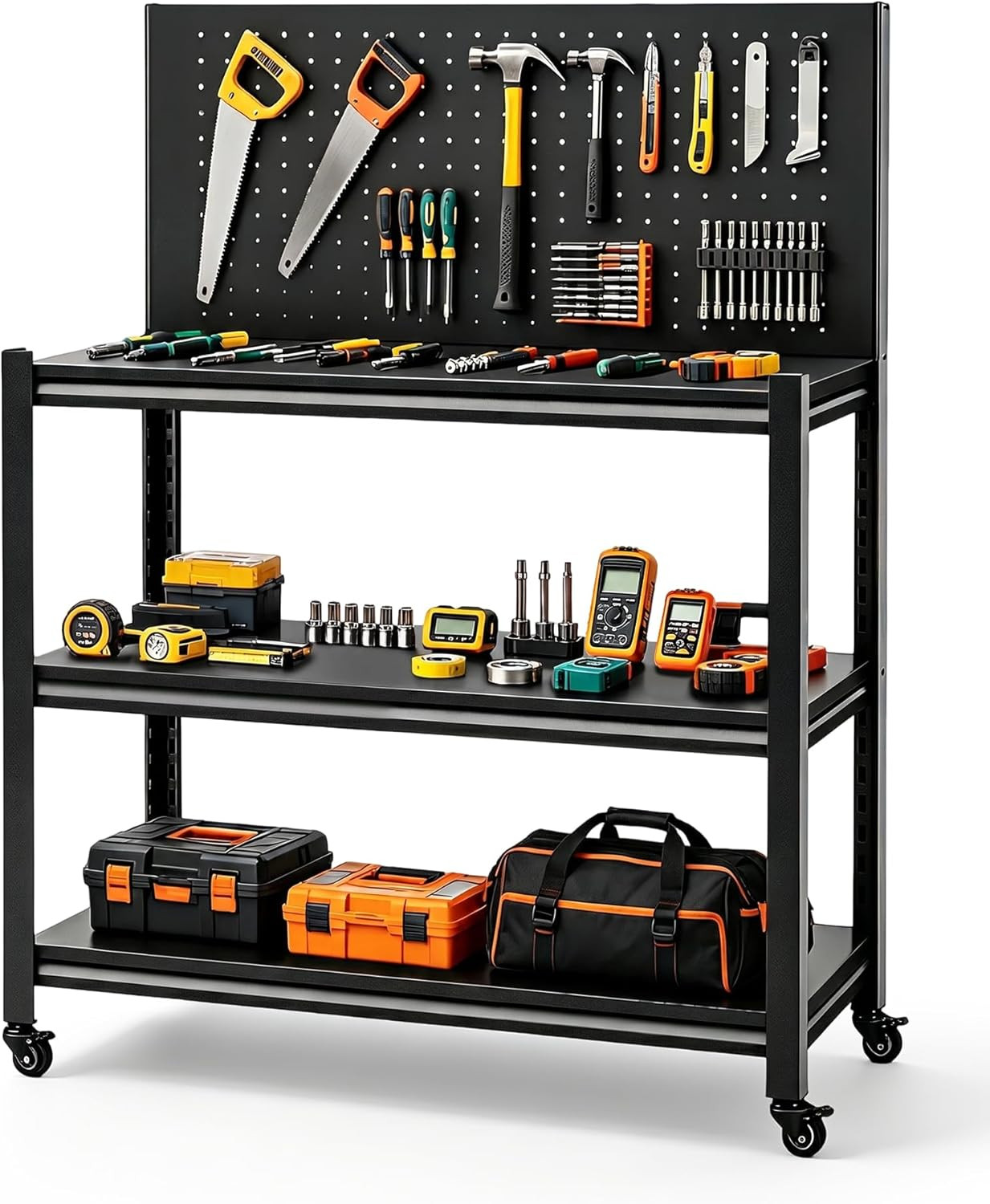 52" Rolling Work Table, Adjustable Height Workbench with Lockable Wheels, Pegboa
