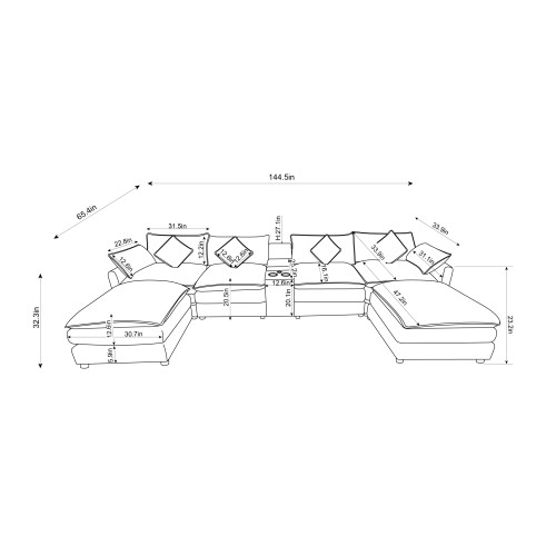 145" U Shaped Sectional Sofa Cloud Couch W/ Console USB Charging Port Cup Holder