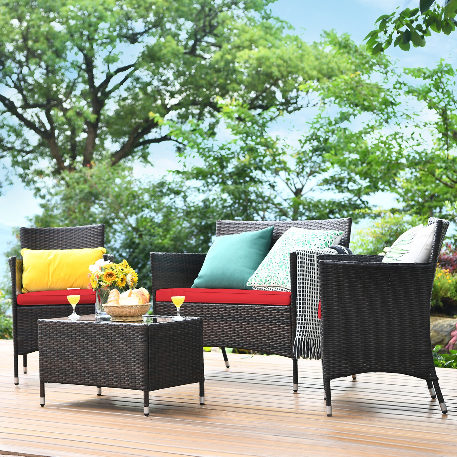 4PCS Patio Rattan Conversation Furniture Set Outdoor w/ Red Cushion