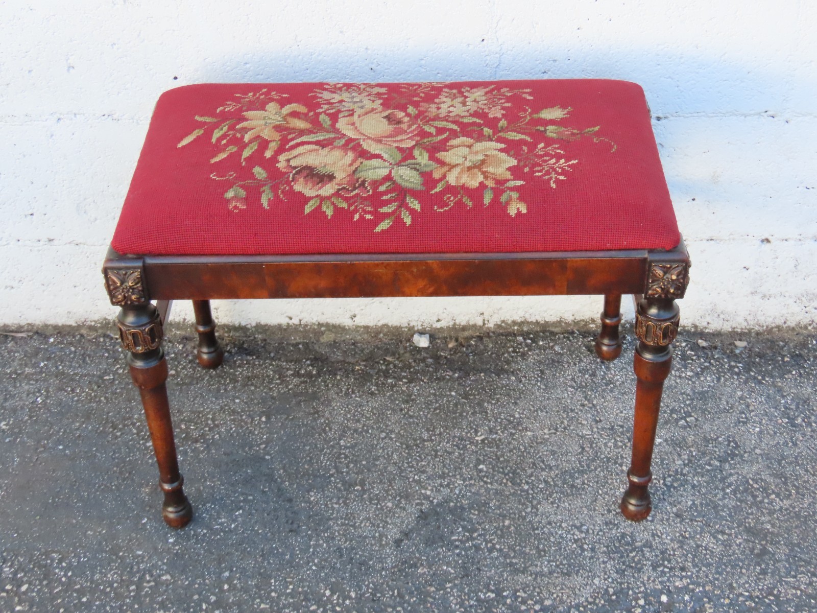Early 1900s Tapestry Carved Vanity Stool Bench Ottoman 6307