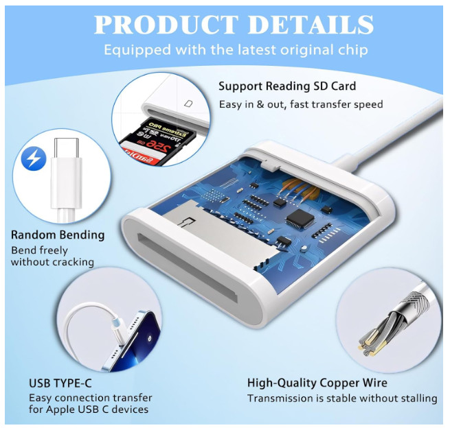 SD Card Reader USB C for iPhone 16/15/iPad/MacBook/iMac/Galaxy/Android White New