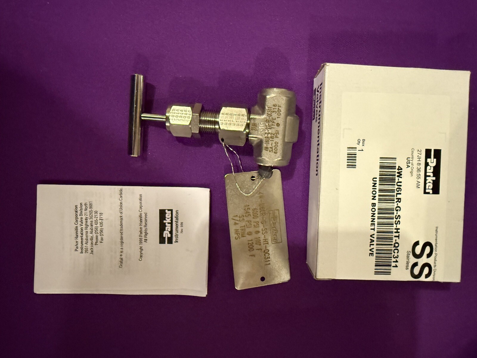 Parker 4W-U6LR-G-SS-HT-QC311, Needle Valve SS Union Bonnet 6000 PSI (NEW IN Box)