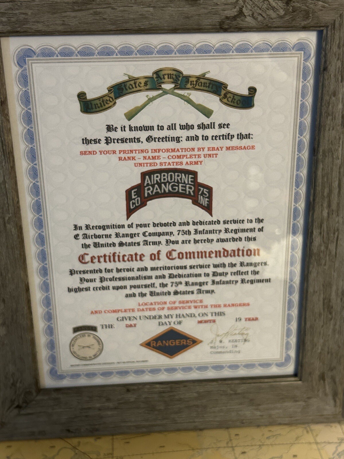 U.S. ARMY RANGER - E CO / 75 INFANTRY COMMENDATION CERTIFICATE (COMMEMORATIVE)