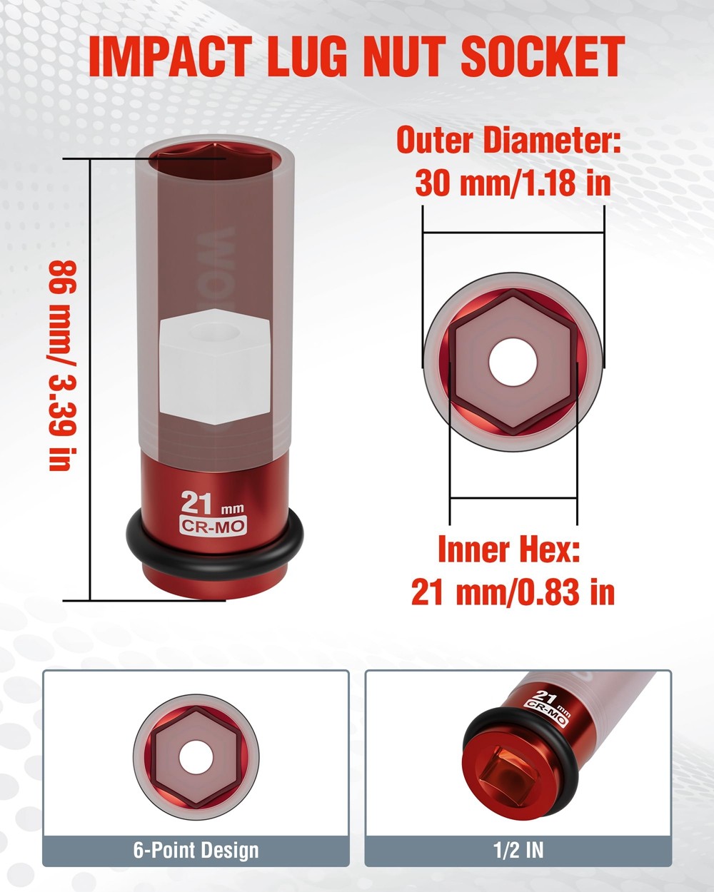 WORKPRO 1/2" Drive Lug Nut Impact Duty Socket 21mm Deep Thin Wall Socket 6 Point