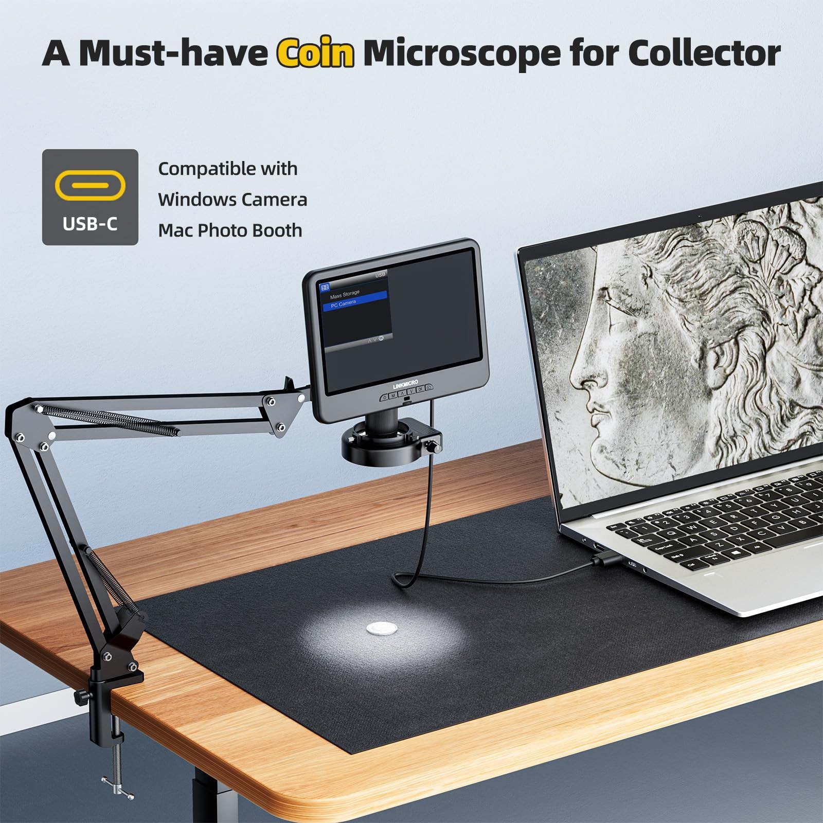 LINKMICRO LM109A 10.1'' Digital Microscope with Flex Arm Stand, 10.1", black