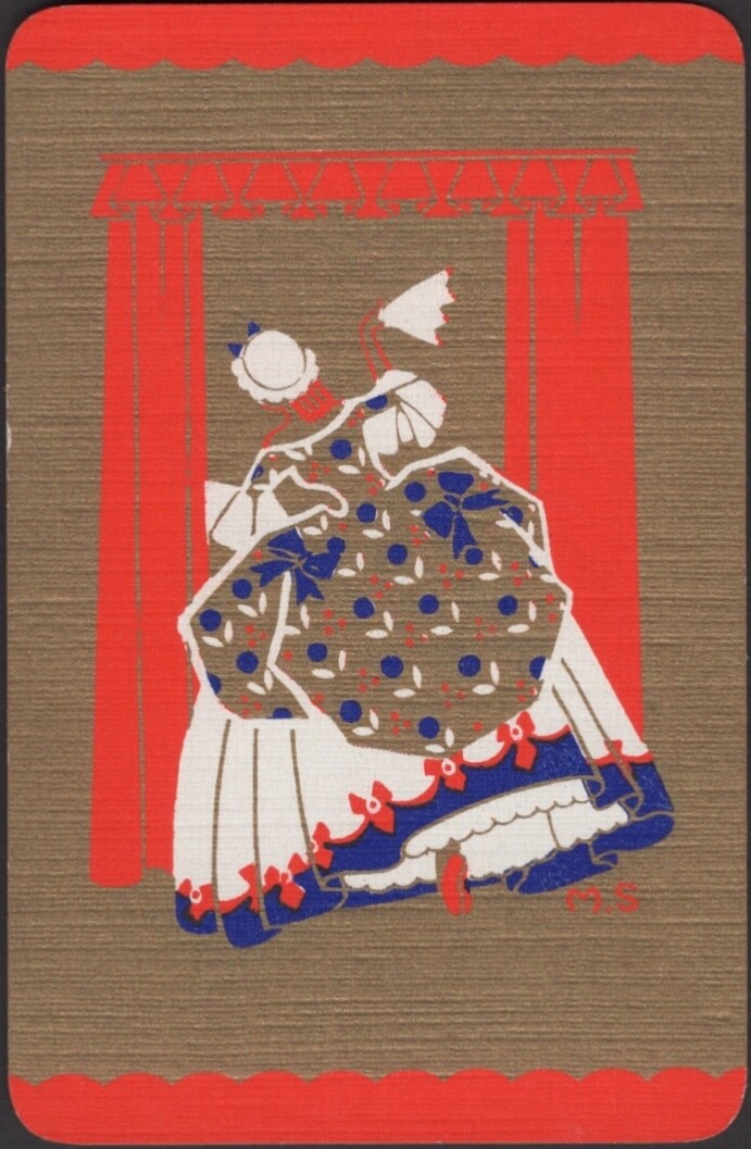 Playing Cards Single Card Old Vintage WINDOW WAVING GIRL Signed MS Art Picture B