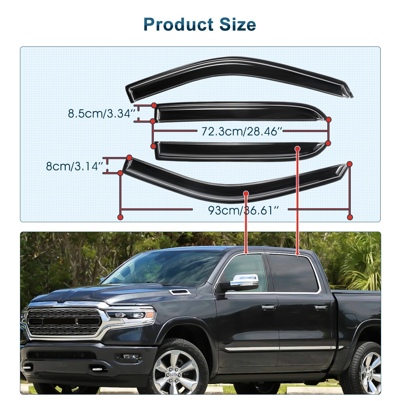 Window Vent Visors Rain Guards Fits 2009-2018 Dodge Ram 1500 2500 3500 Crew Cab