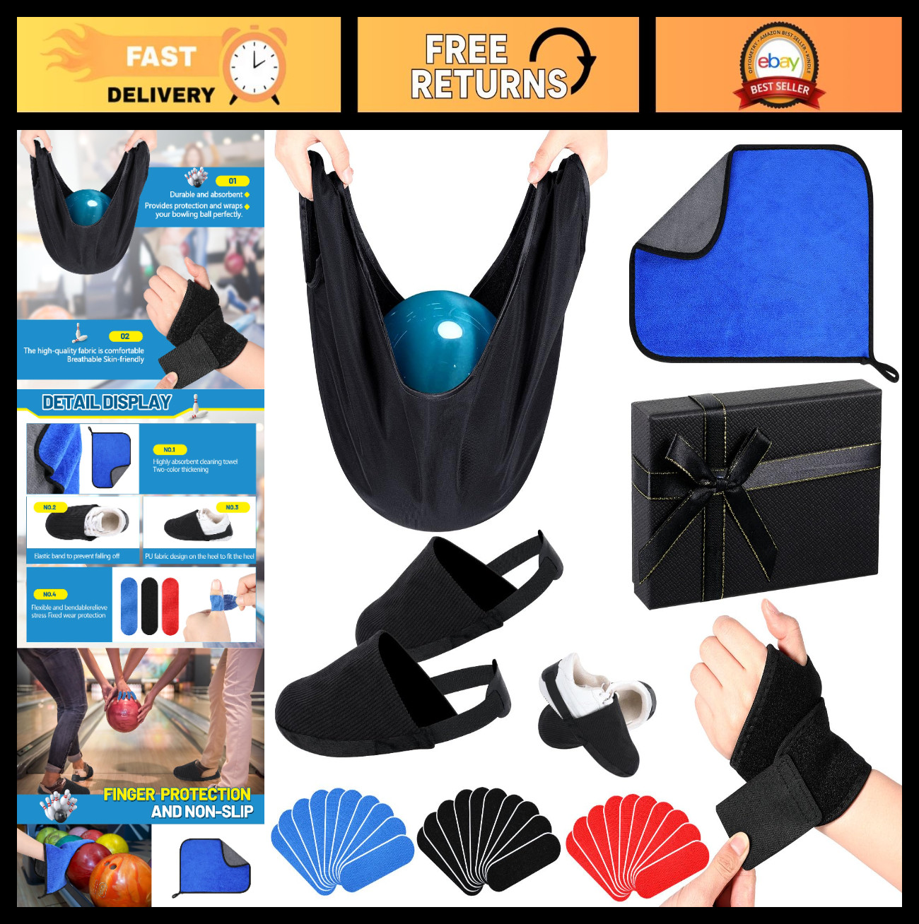 36 Pcs Bowling Accessories Kit - Wrist Support, Thumb Tape, Shoe Covers & More
