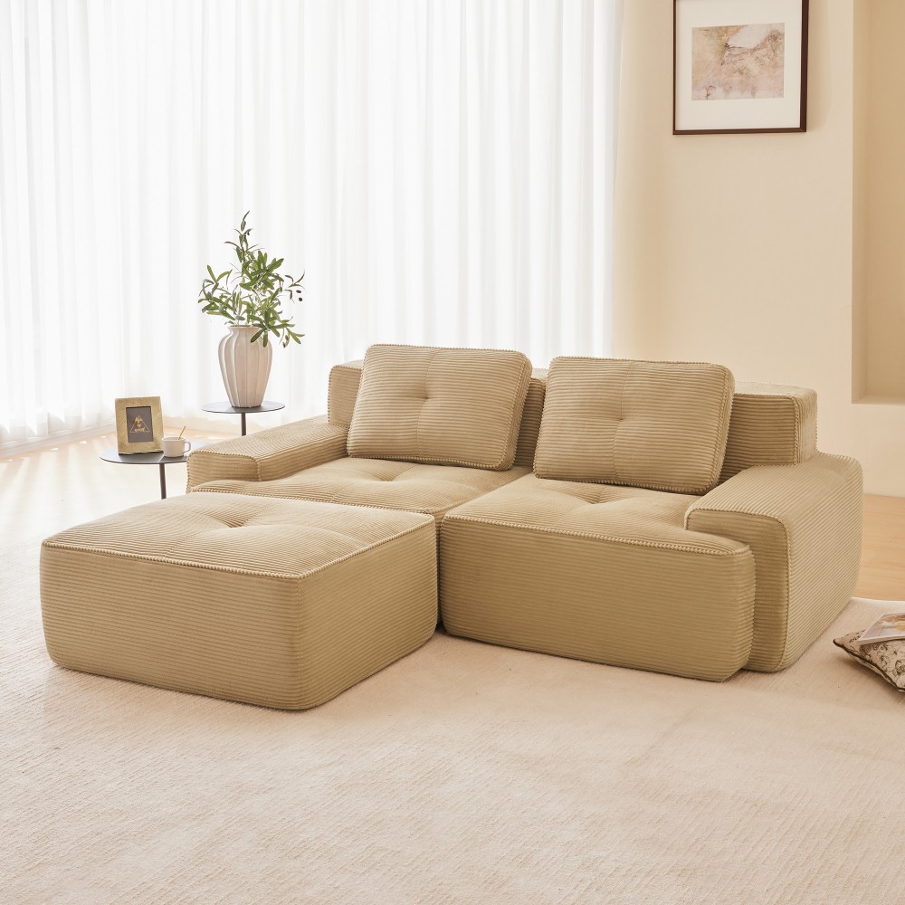 82" L-Shaped Modular Sectional Sofa w/ Ottoman, Corduroy, Camel