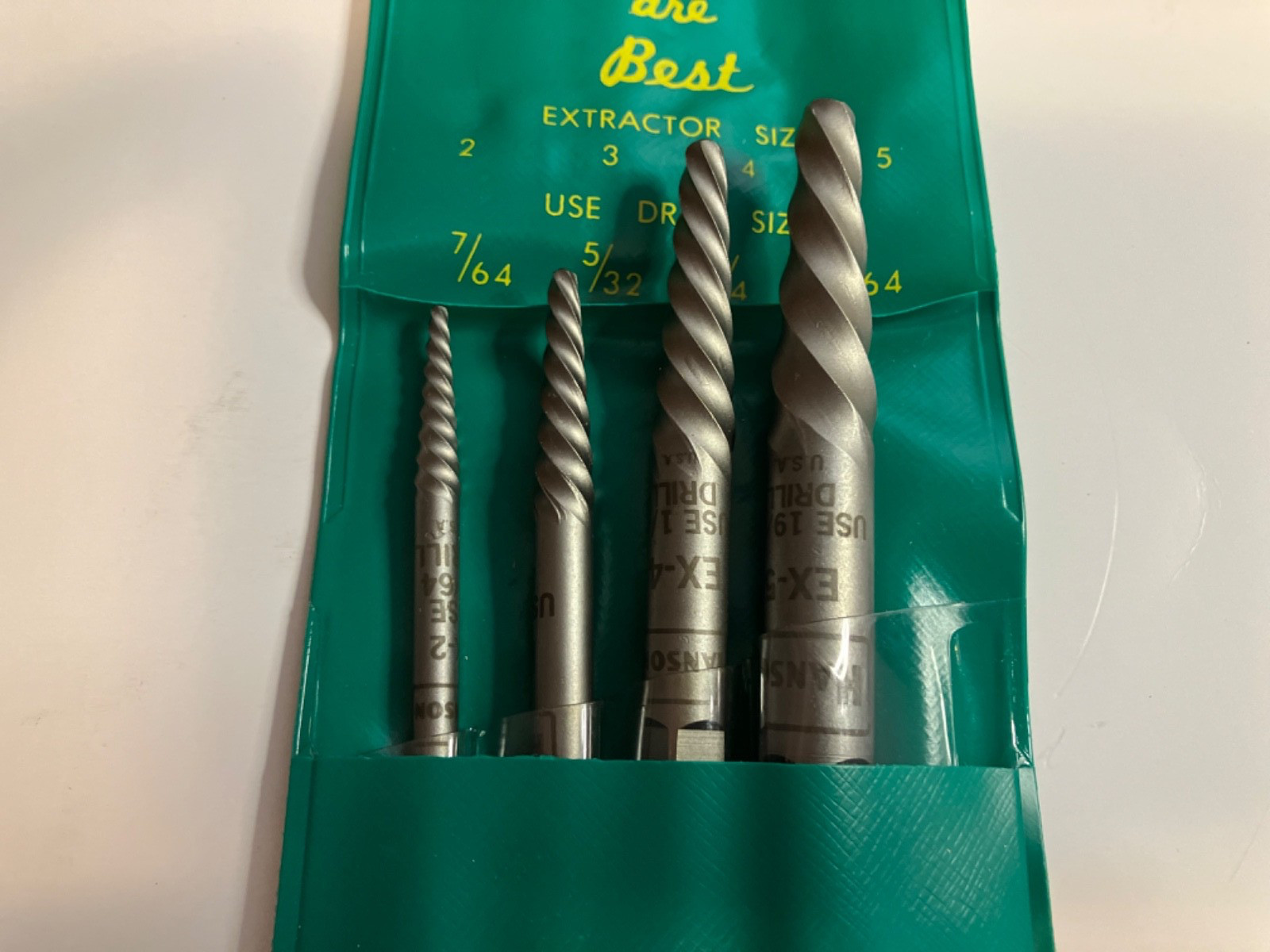 New Hanson Set Screw Extractor Set.    (#2-5.  Drill sizes shown in pictures.)