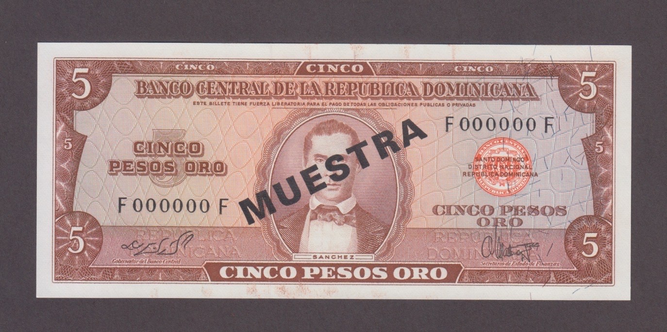DOMINICAN REPUBLIC P.100-000F  5 PESOS ORO N.D.(1964-74) PFX F SPECIMEN UNC 2604