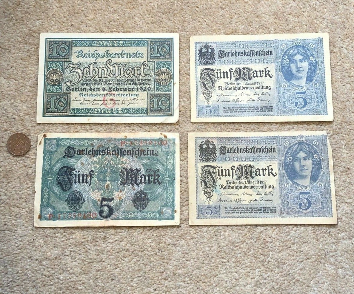 3 x 1917 Funfmark and 1 x 1920 Zehnmark German  Banknotes Circulated