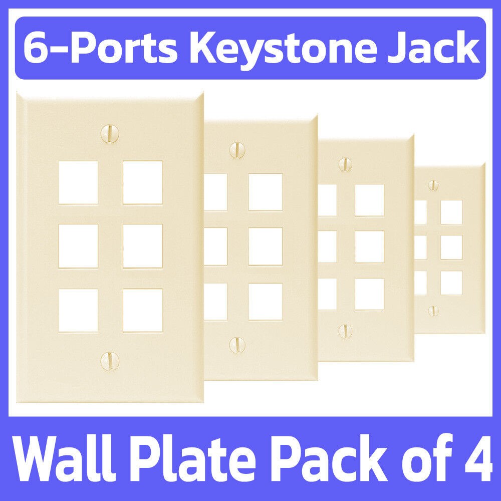 4 Pack 6 Keystone Jack Wall Plate 1-Gang Face Plate SIx Holes Wallplate Ivory