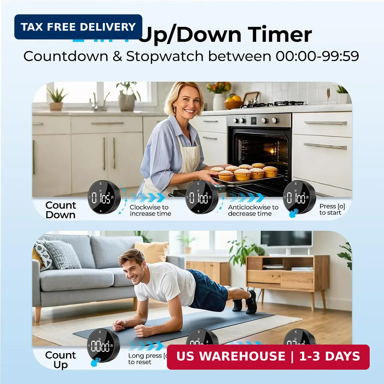 Digital Kitchen Timer Magnetic Large LED Countdown Rotating Cooking Study Timer