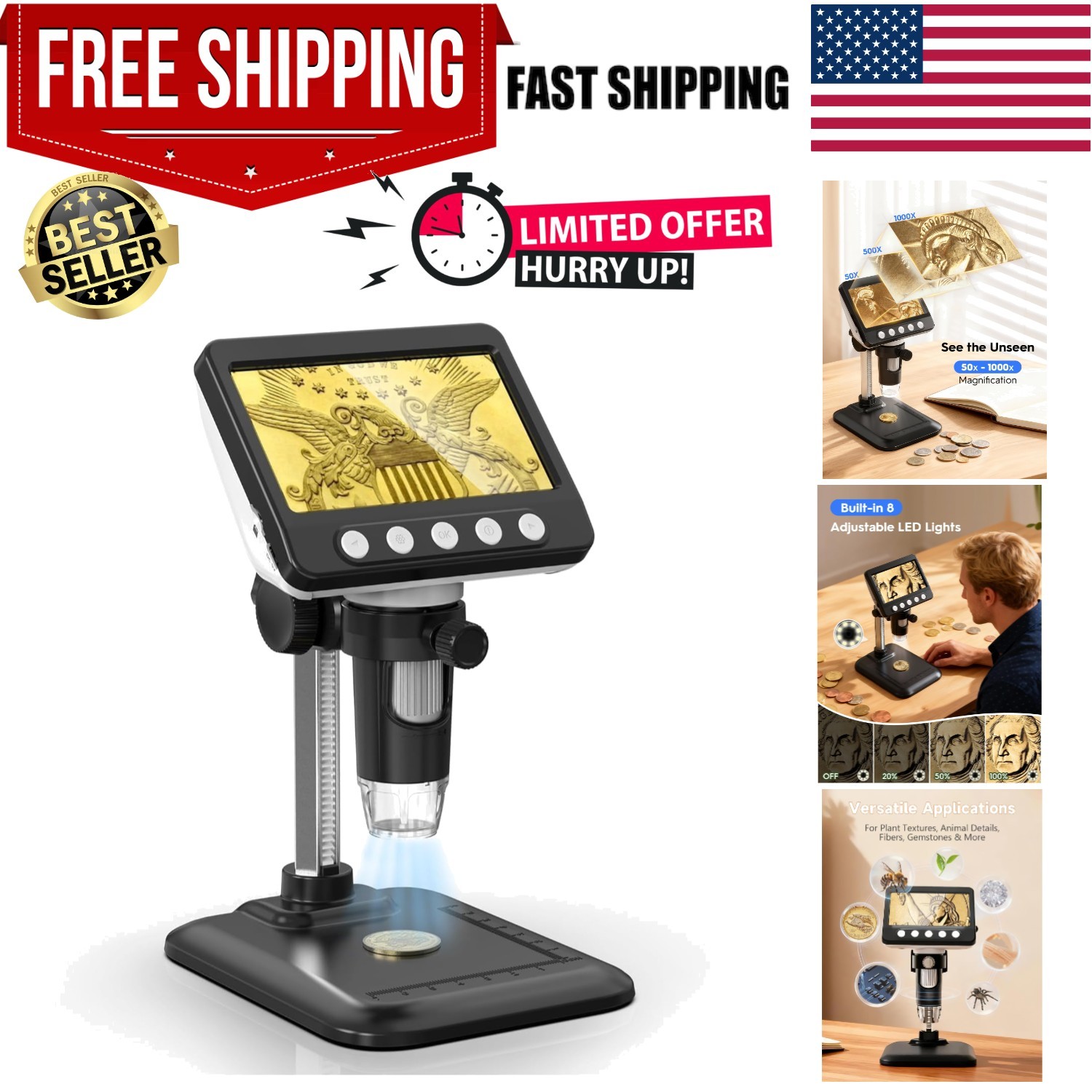 Coin Microscope, 4.3" LCD USB Digital Microscope 1000X Coin Magnifier with 8 ...