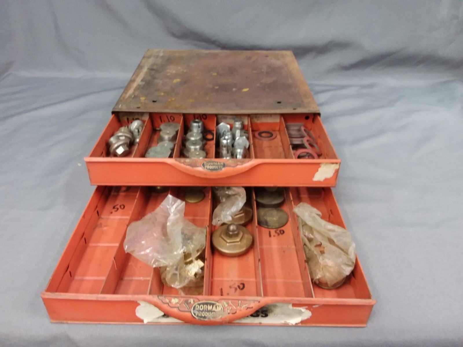 Vintage Dorman Steel Orange Cabinet Organizer  2 Drawer Cup Expansion Plugs Etc