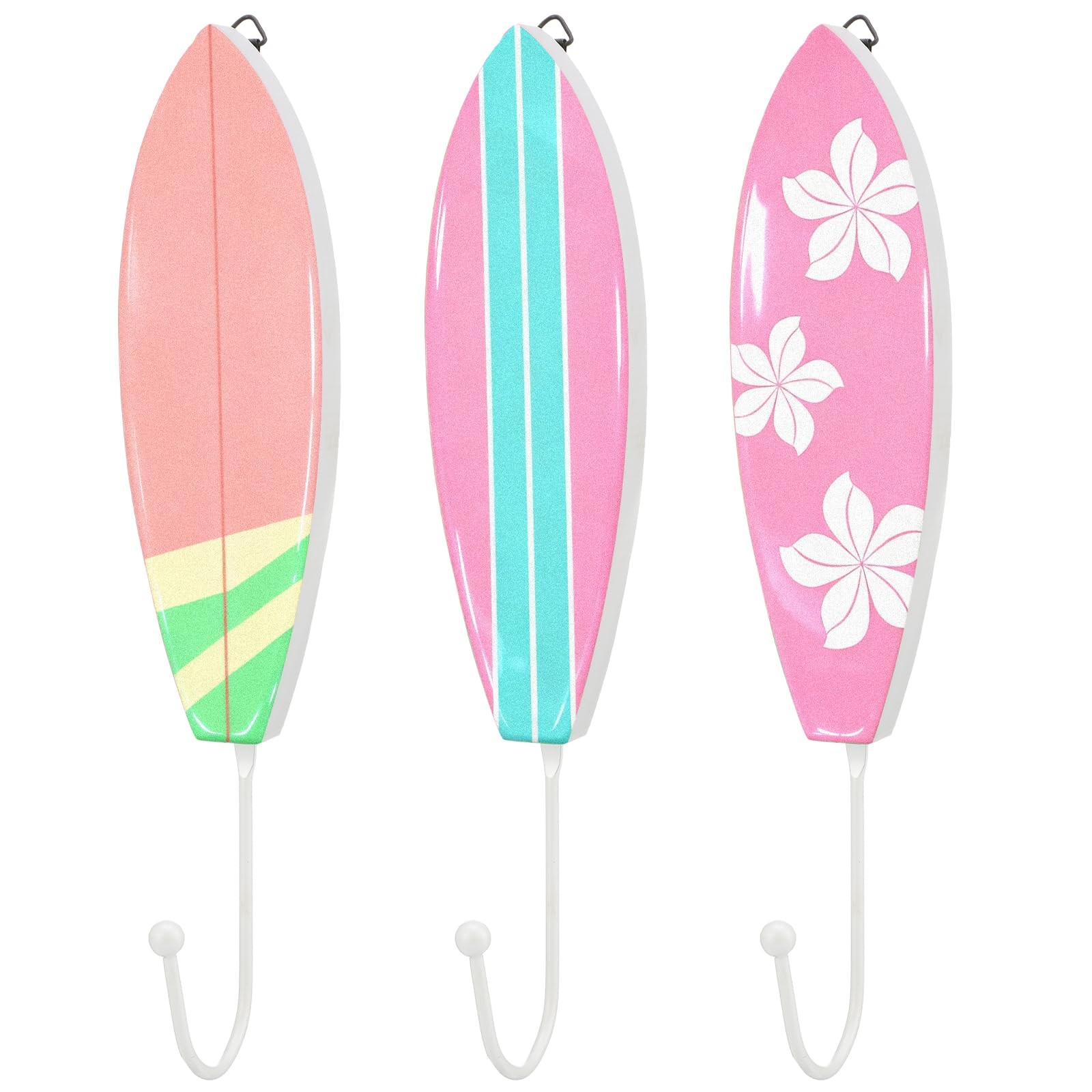 3 Pack Tropical Surfboard Wall Hooks Wooden Beach Wall Hooks Decorative Metal...