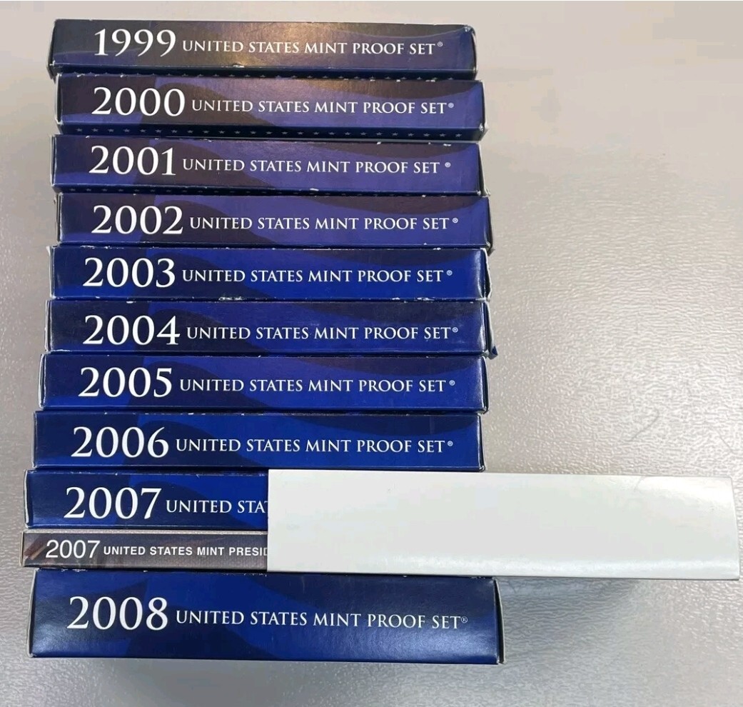 US Mint 10 Annual Proof Sets 1999-2008 OGP Box & COA 109 Coins Estate Sale Lot