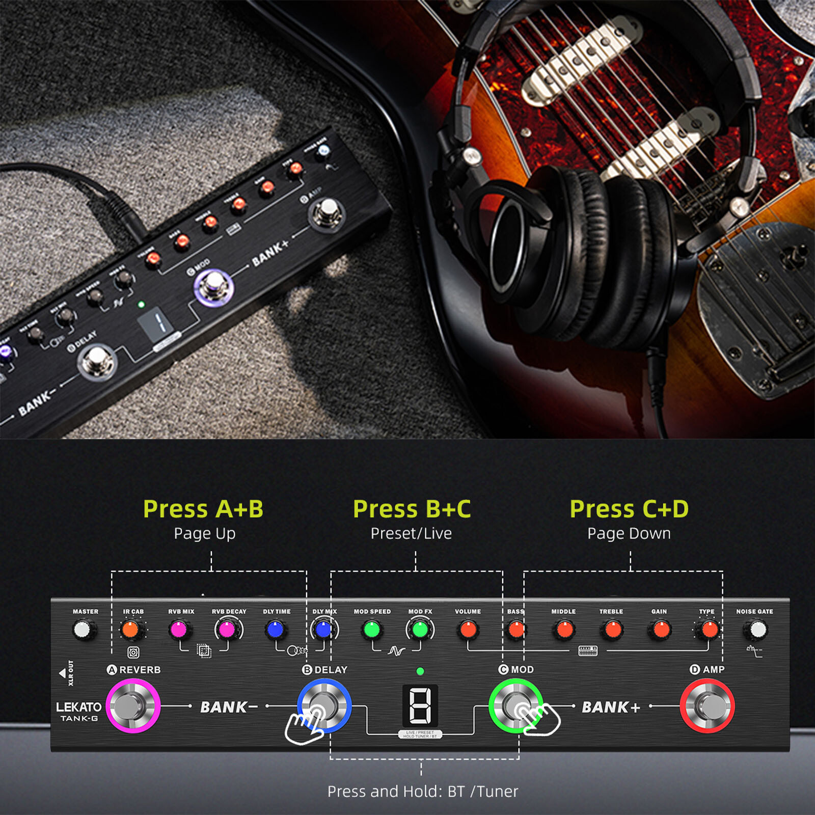 LEKATO Multi Effects Guitar Effects Pedal Processor 36 Presets Built-in 3000mAh