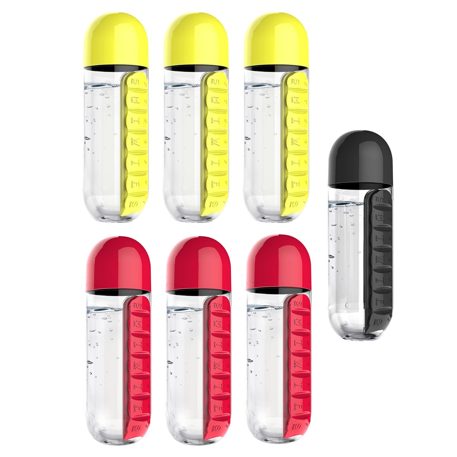 Asobu Pill & Vitamin Organizer Water Bottle 20oz Red BLK Yellow (Mixed Lot Of 7)