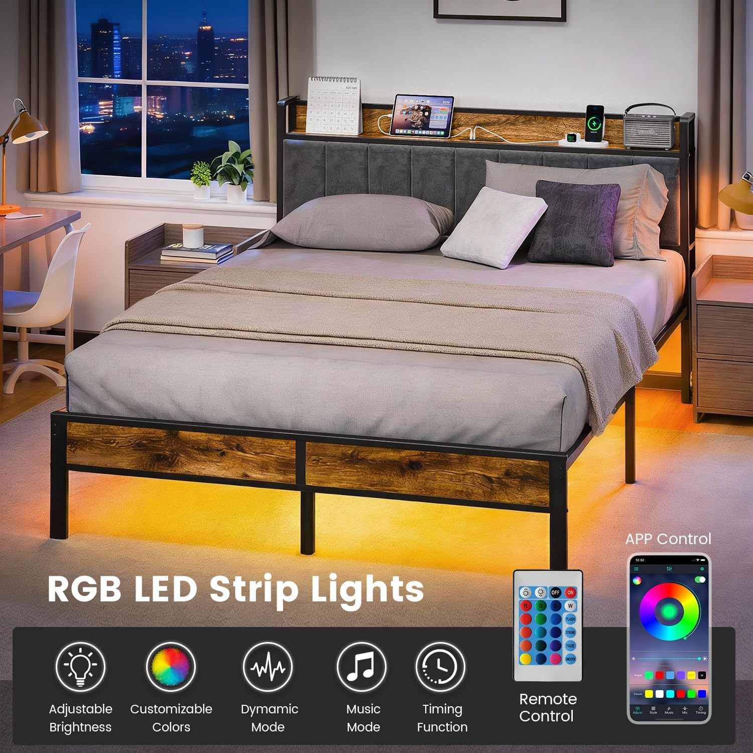 PROTEA Queen Size Bed Frame with LED Lights and Charging Station, Upholstered St