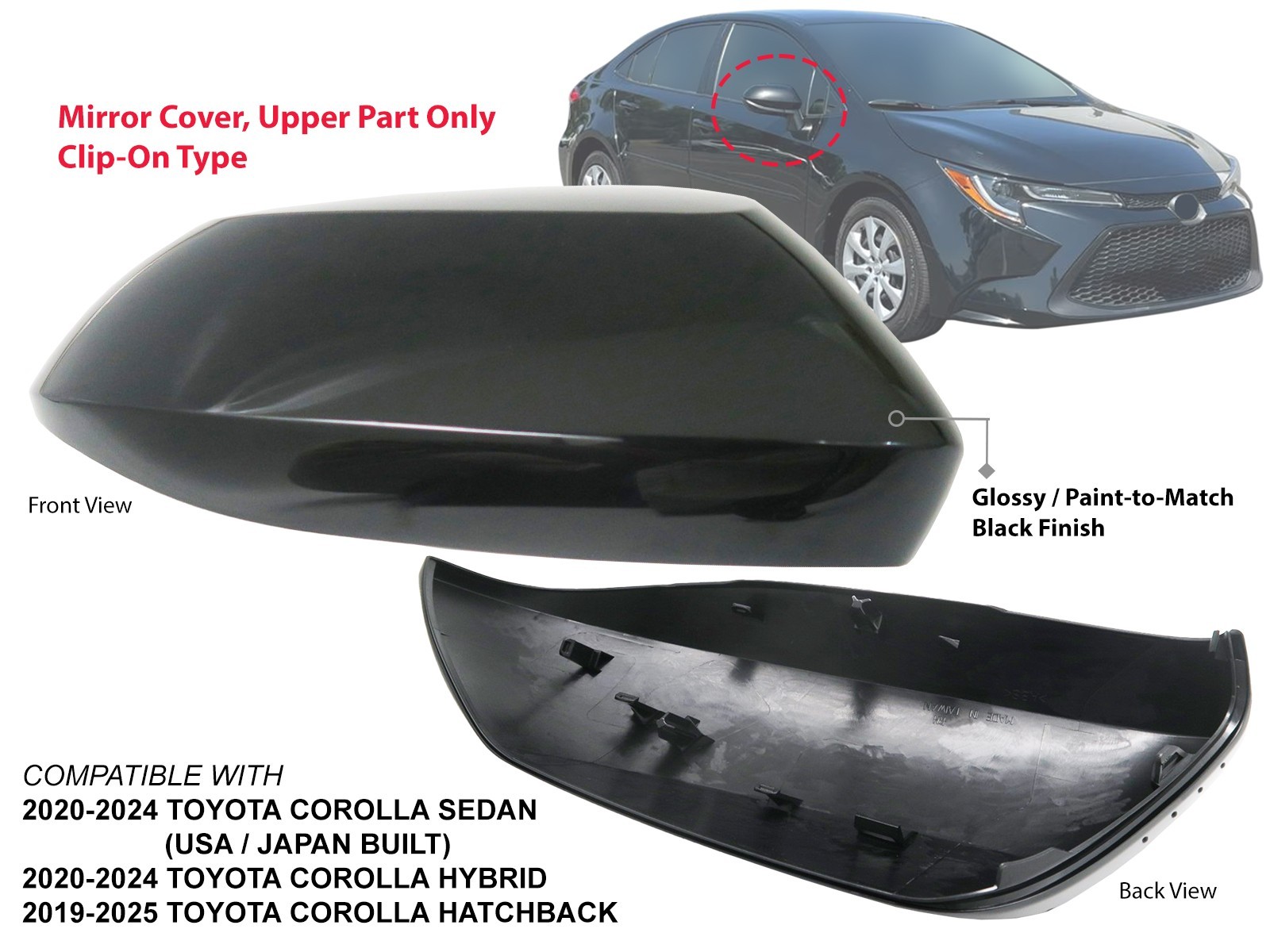 Upper Mirror Cover Fits TOYOTA COROLLA 2019 - 2025 Black Passenger Right Side