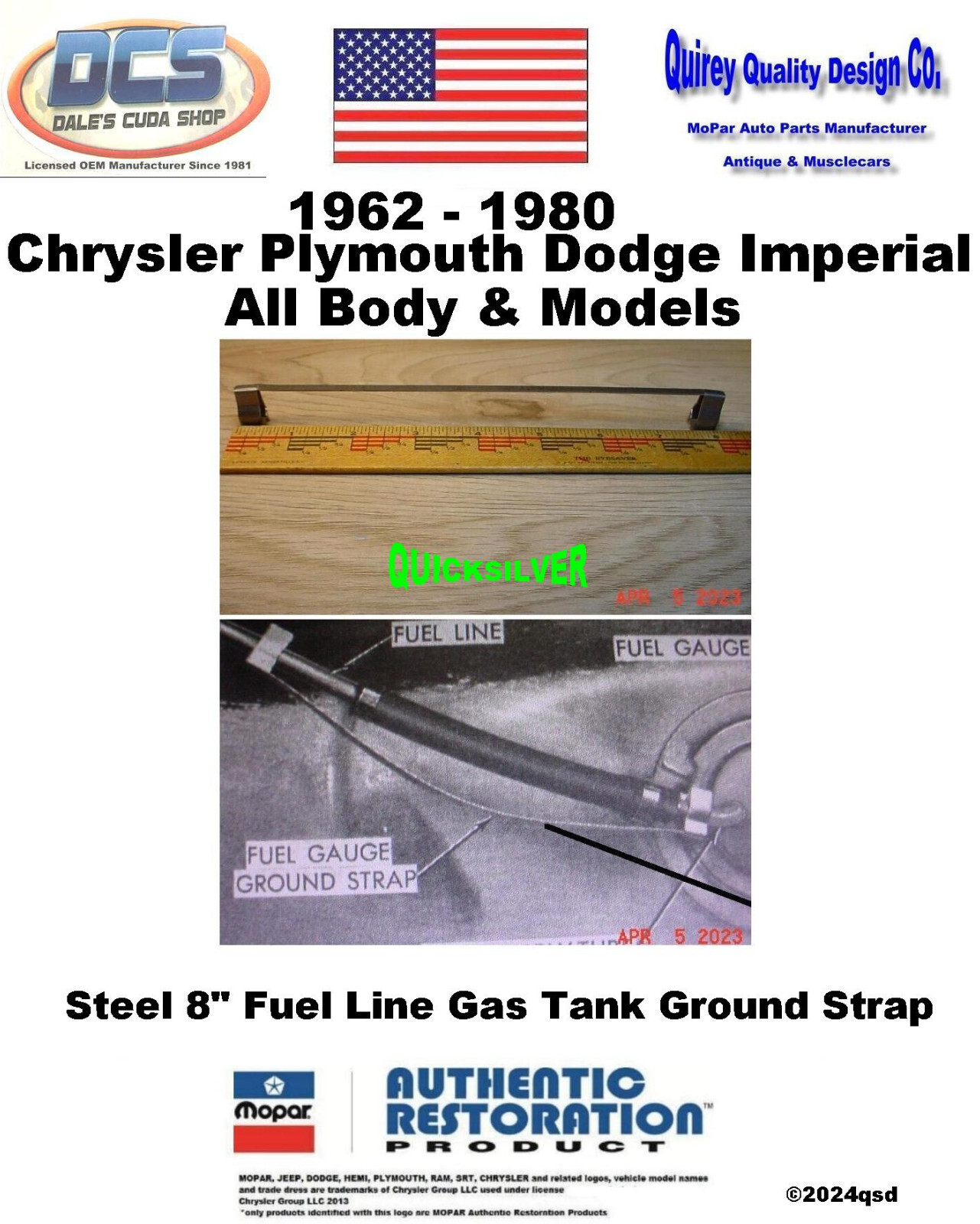 1963 1980 Chrysler Dodge Plymouth All Gas Tank Ground Strap 2258412 USA