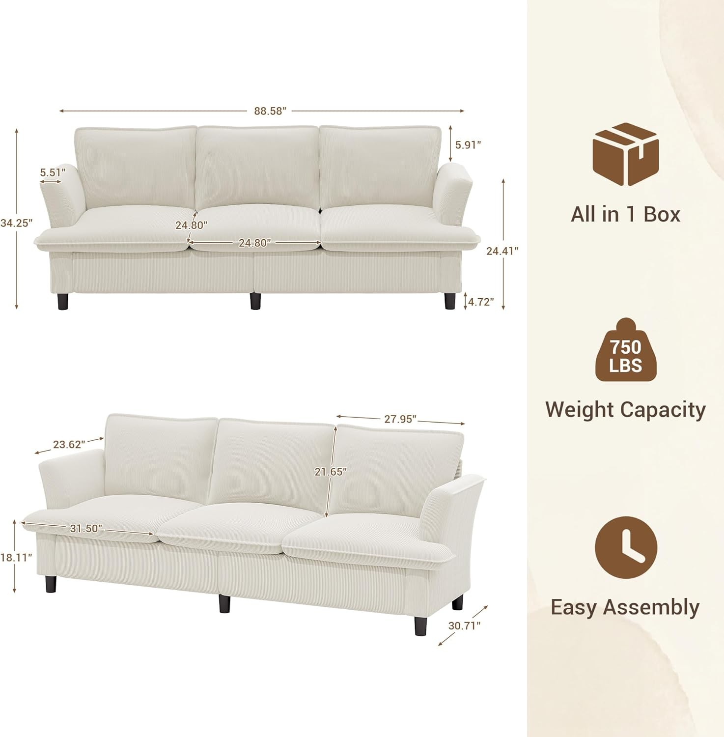 3 Seater Corduroy Couch 89" Comfy Couch W/ Deep Seat Modern Sofa Couch Living