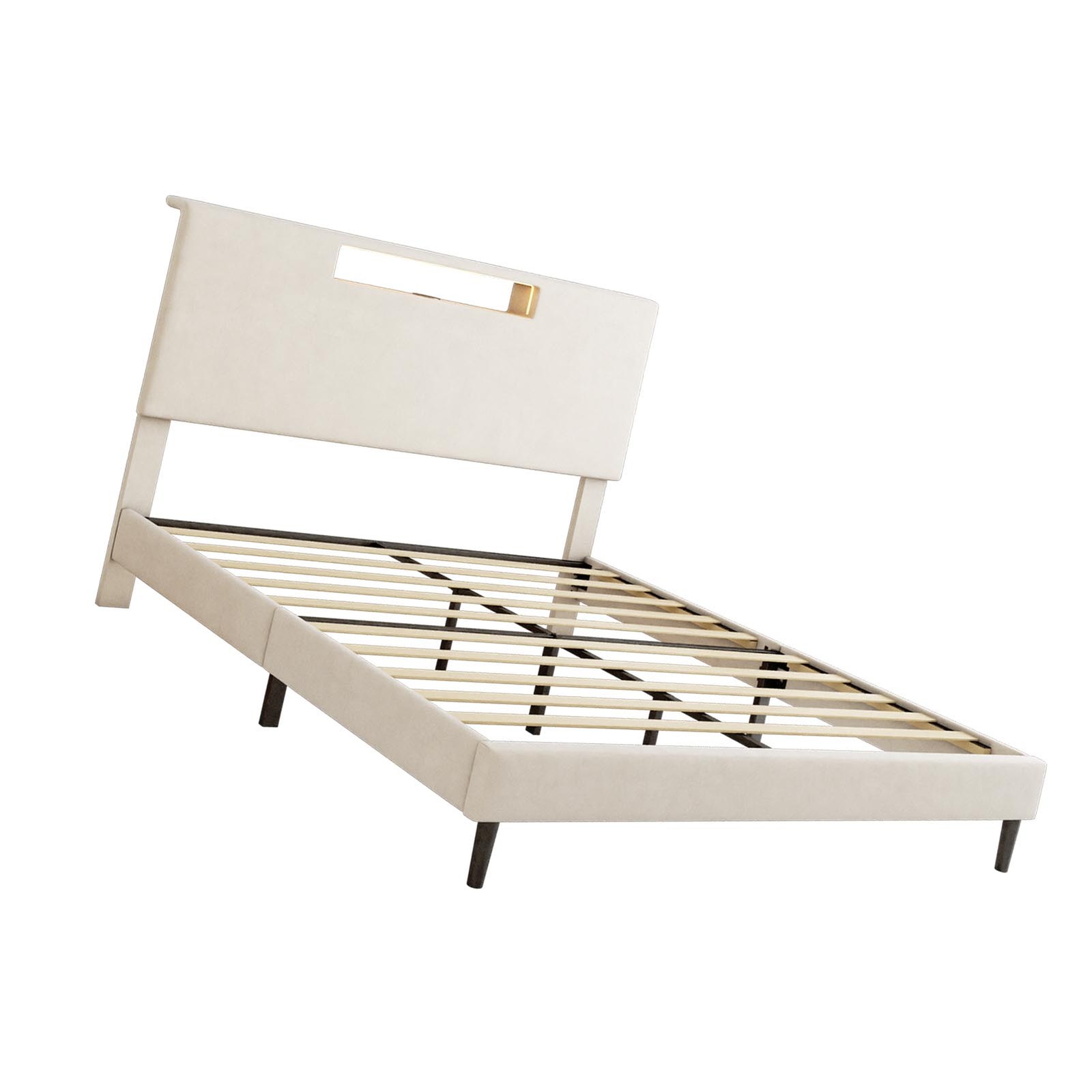 Upholstered Platform Bed Large Size Frame With LED Light And Charging Function